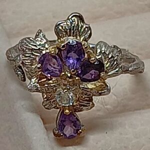 Amethyst & Topaz Nature Floral Silvertone Artisan Ring
